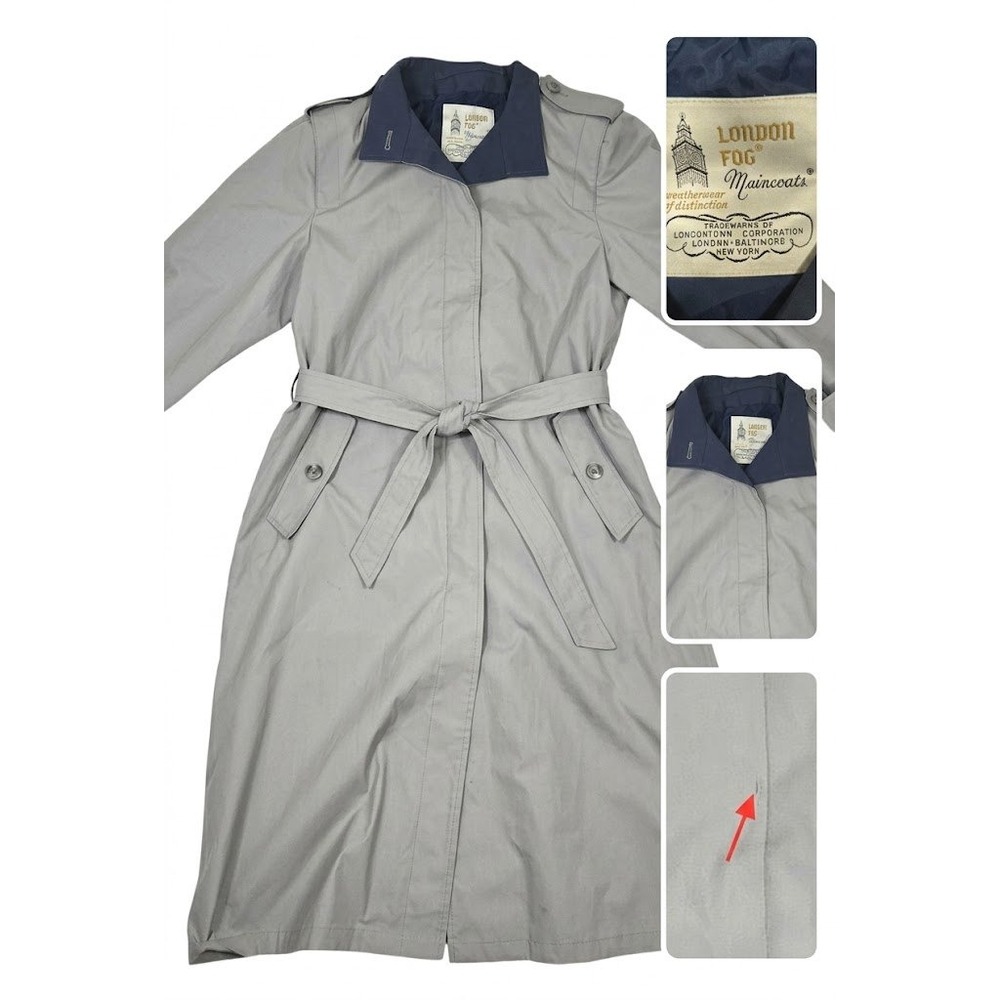 Vintage London Fog Maincoats Trench Coat Gray Blue Collar Belted 14 Reg Mens M